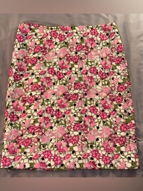 Bryan Bradley Floral Embroidery Pencil Skirt Sz 10 Polka Dot Spring Summer Pink